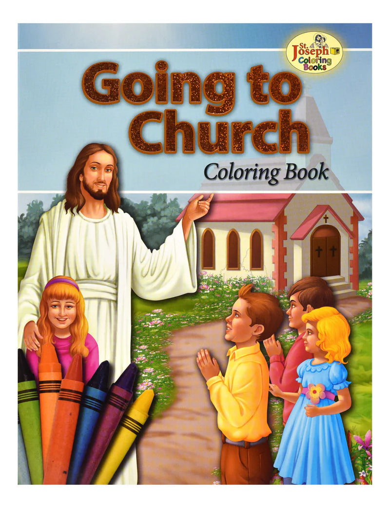 Blue coloring book with text 'Going to Church' and an image of Jesus with children on a white background