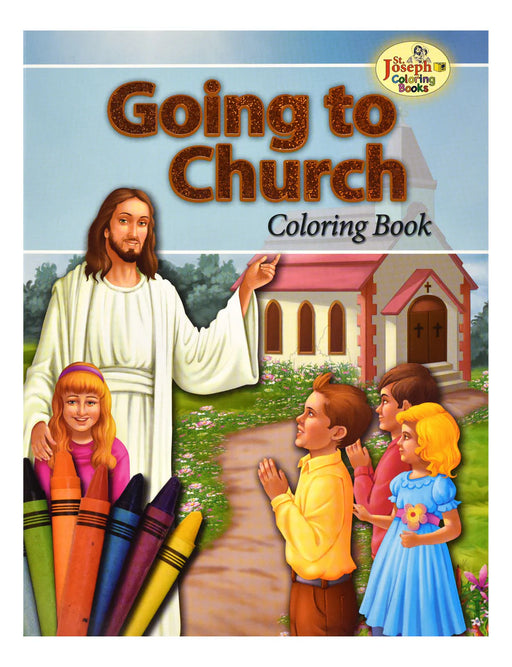 Blue coloring book with text 'Going to Church' and an image of Jesus with children on a white background