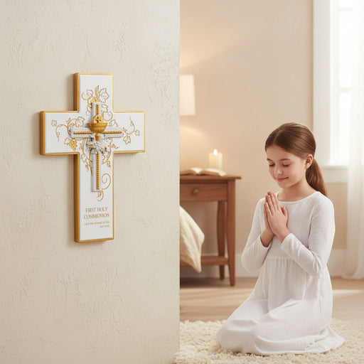 Young girl in kneeling and praying in a room with a decorative First Communion cross gift on the wall.