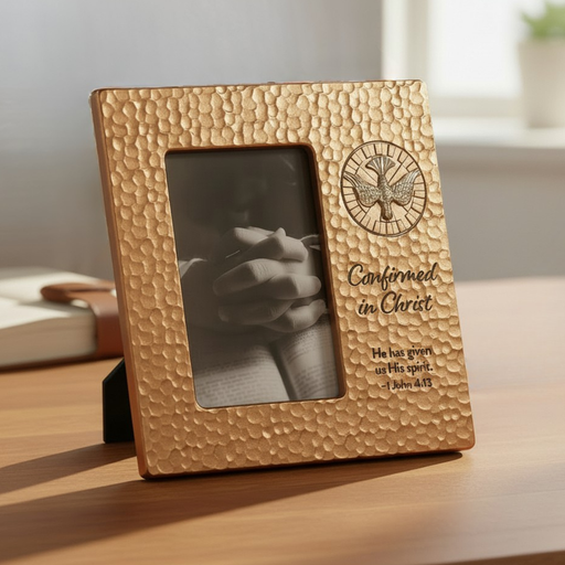 Gold Confirmation photo frame with engraved design and text on a wooden surface