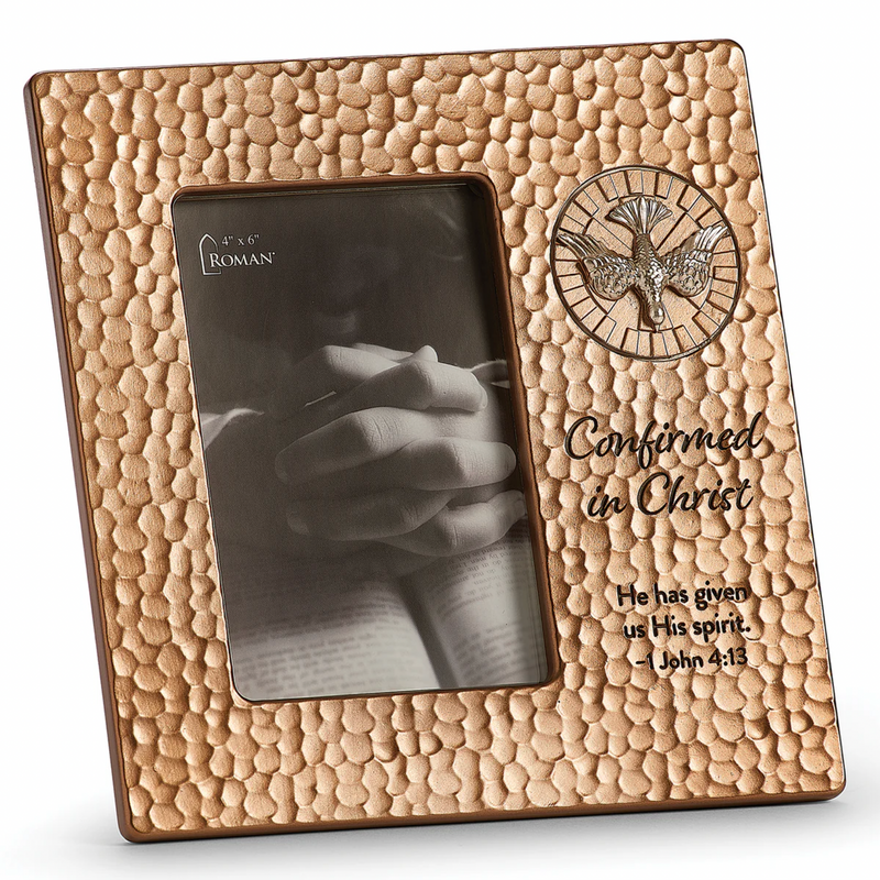 Gold finish Confirmation photo frame with textured surface and religious text.