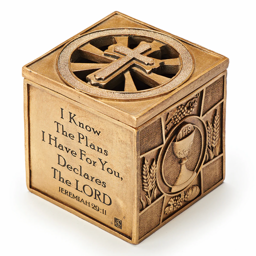 Multi sacrament engraved keepsake box with gold finish.