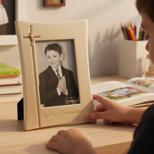 Decorative First Communion gift picture frame sits on a little boy's desk, with a 4x6 inch black and white photo of a boy in a suit with hands folded in prayer.