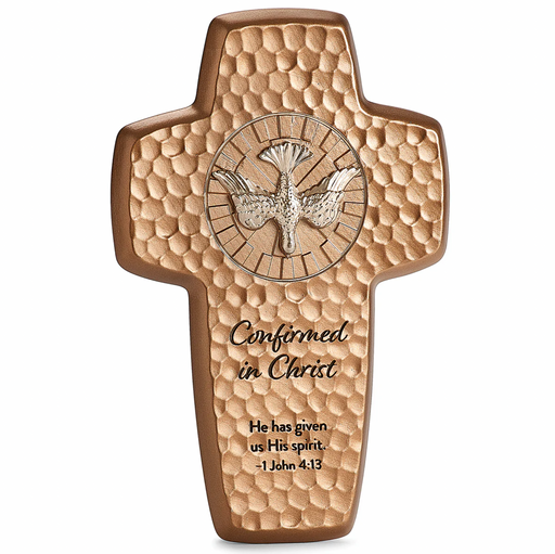 Decorative cross with engraved text and Holy Spirit dove emblem on a white background