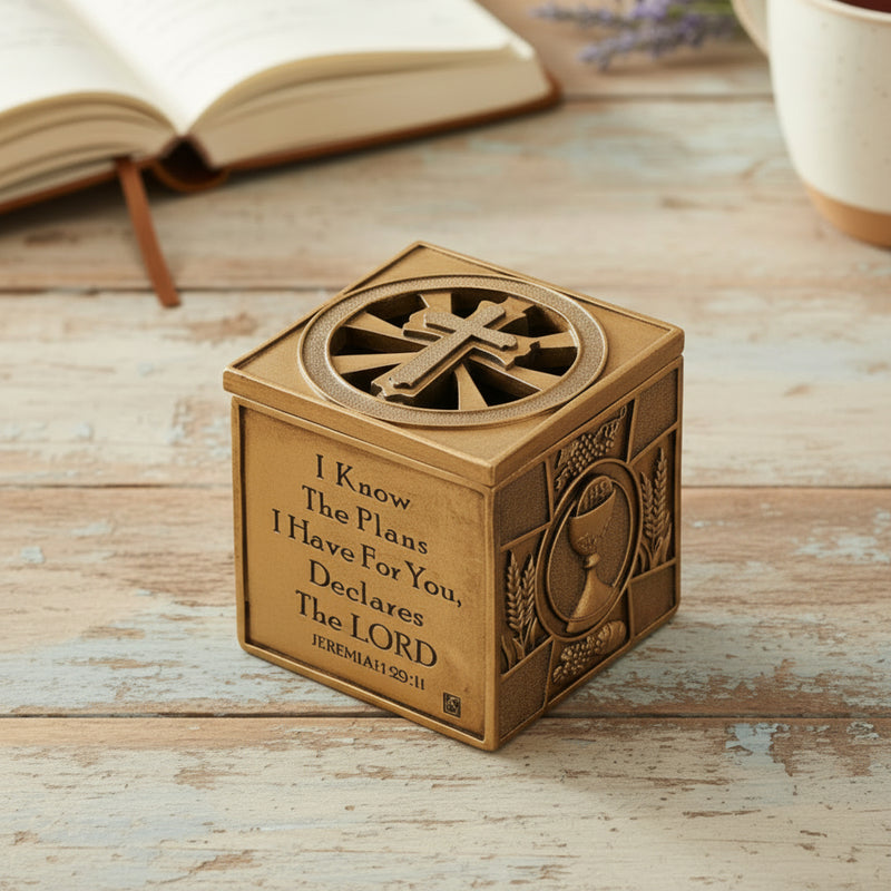 Multi sacrament engraved keepsake box with gold finish on a wood surface.