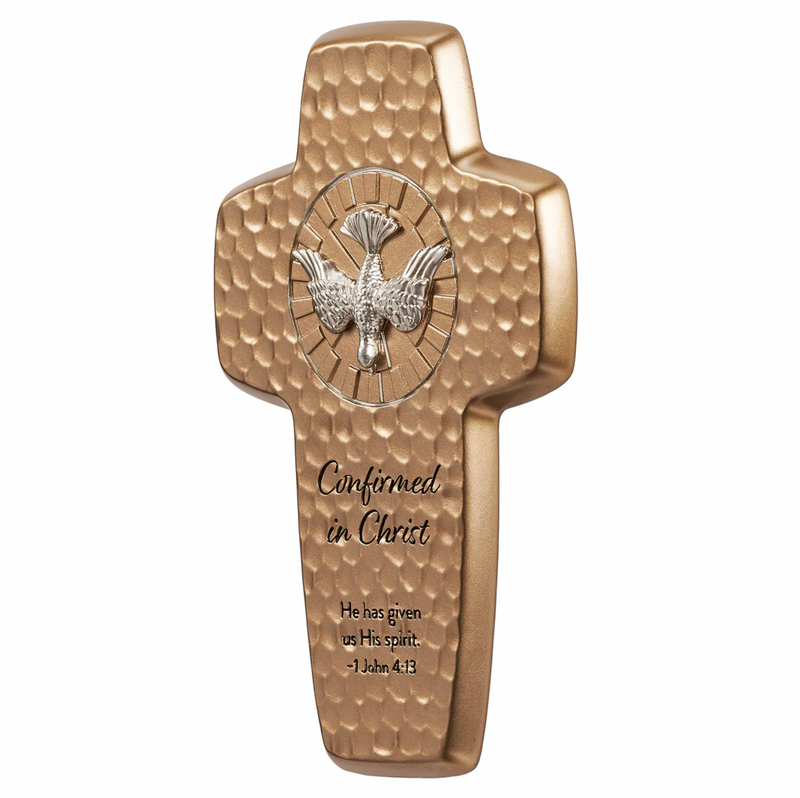 Gold cross with Holy Spirit dove emblem and engraved text on a white background