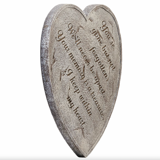 Heart-shaped memorial stone with engraved text on a white background