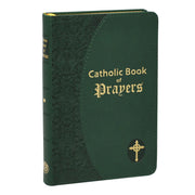 Green Catholic Book of Prayers with gold text and cross emblem on a white background