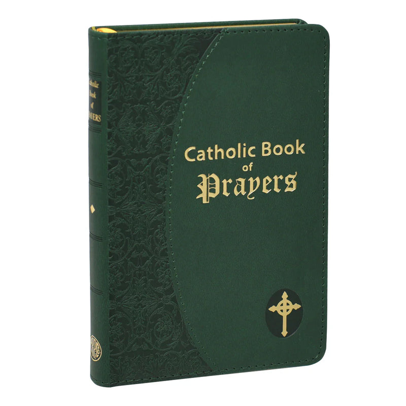 Green Catholic Book of Prayers with gold text and cross emblem on a white background