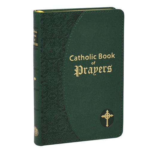 Green Catholic Book of Prayers with gold text and cross emblem on a white background