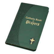 Green Catholic Book of Prayers with gold text and cross emblem on a white background