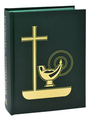 Dark green book with gold cross and chalice design on a white background