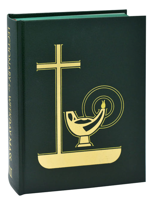 Dark green book with gold cross and chalice design on a white background