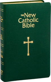 Green Bible with gold cross and 'The New Catholic Bible' text