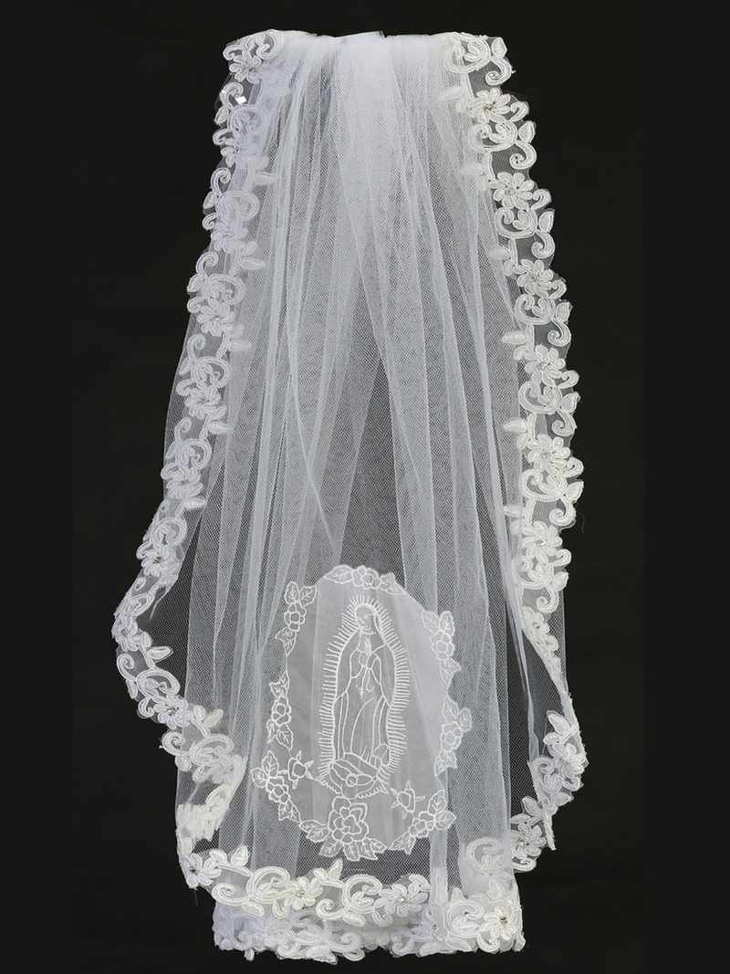 A white communion veil with corded lace trim, featuring an image of Our Lady of Guadalupe on the back.
