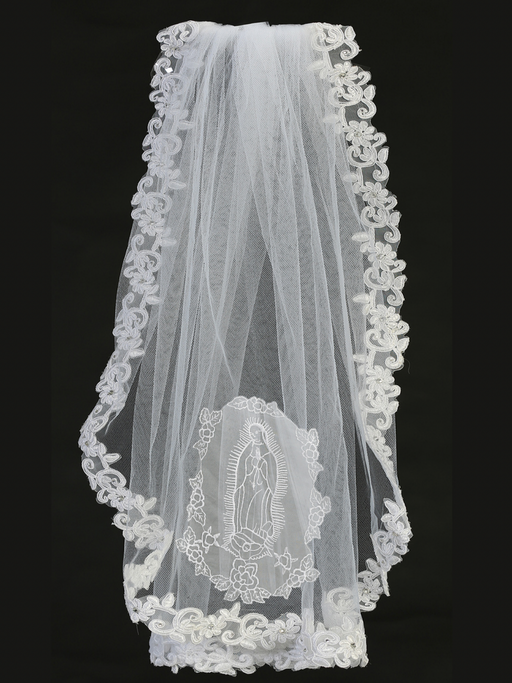 A white communion veil with corded lace trim, featuring an image of Our Lady of Guadalupe on the back.