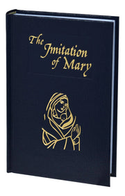 Book titled 'The Imitation of Mary' with a gold illustration on a black background