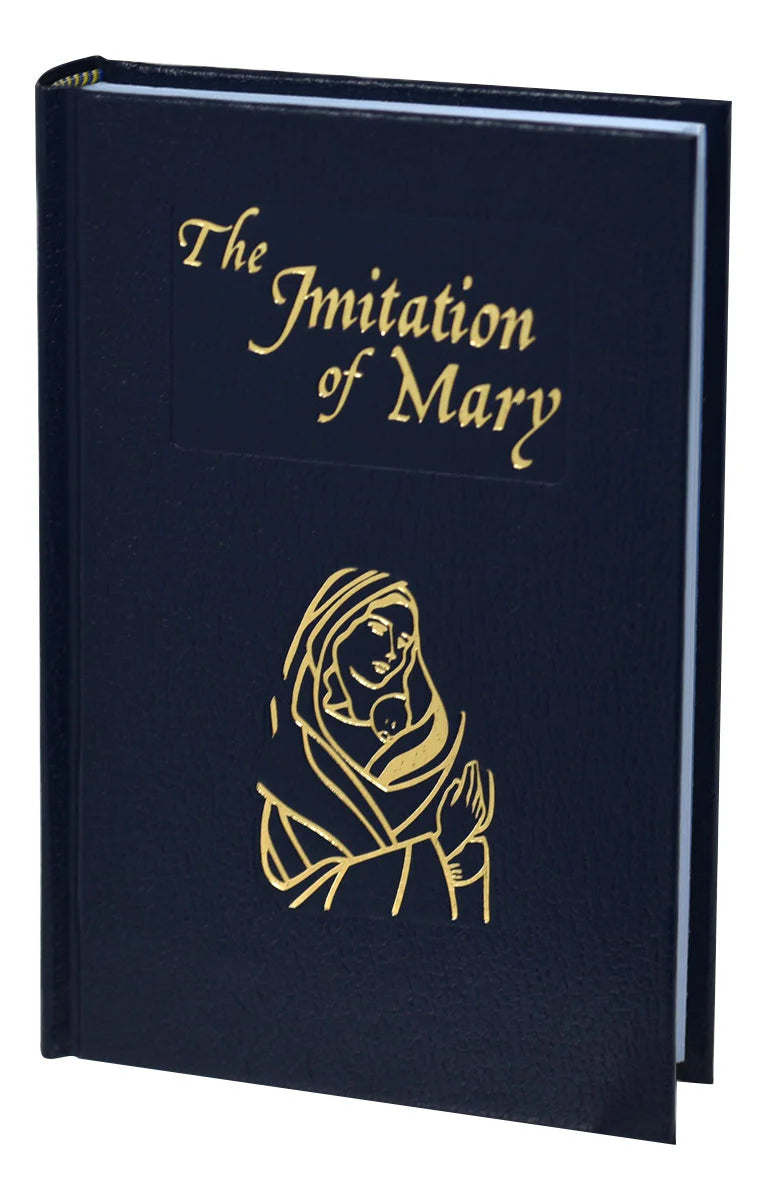 Book titled 'The Imitation of Mary' with a gold illustration on a black background