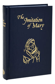 Book titled 'The Imitation of Mary' with a gold emblem on a white background
