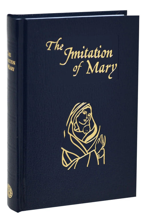 Book titled 'The Imitation of Mary' with a gold emblem on a white background