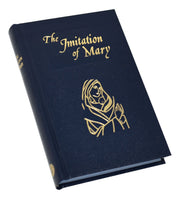 Blue book titled 'The Imitation of Mary' with gold text and illustration on a white background