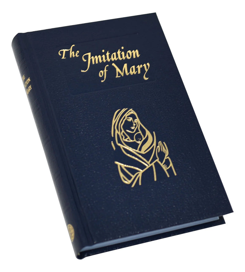 Blue book titled 'The Imitation of Mary' with gold text and illustration on a white background