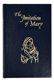 Book titled 'The Imitation of Mary' with a gold illustration on a black background