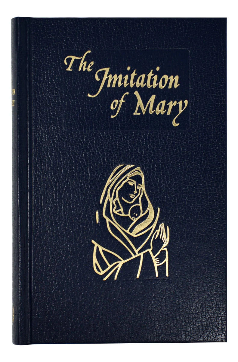 Book titled 'The Imitation of Mary' with a gold illustration on a black background