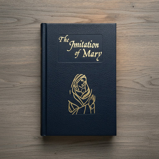 Book titled 'The Imitation of Mary' on a wooden surface