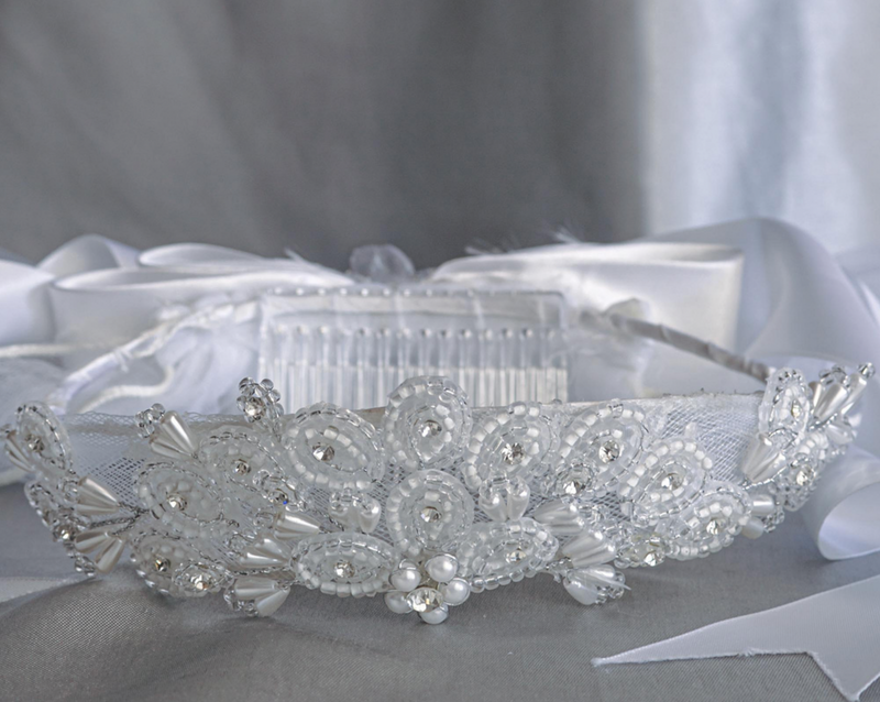 Close-up on a vintage style First Communion veil with a headband.