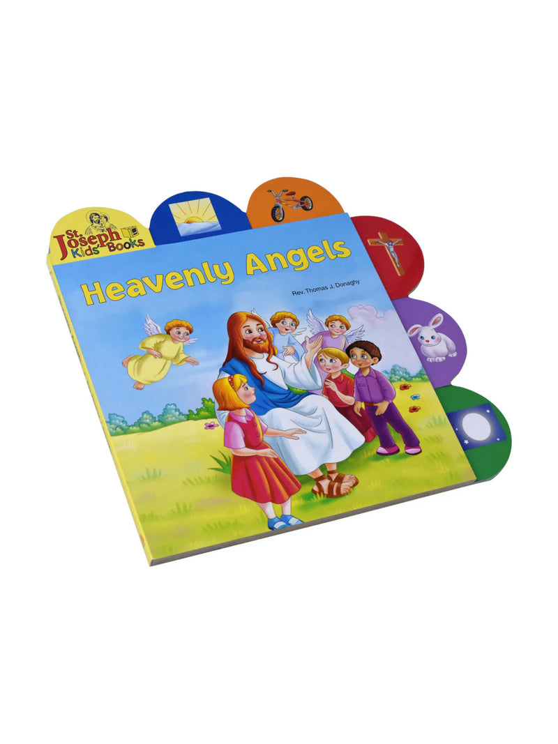 Children's book titled 'Heavenly Angels' with colorful illustrations on a white background