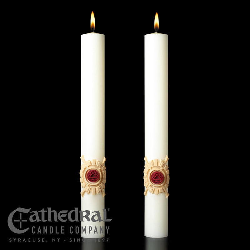 Holy Trinity matching complementing altar candle, sold as a pair by Cathedral