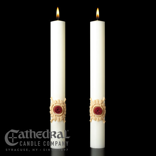 Holy Trinity matching complementing altar candle, sold as a pair by Cathedral