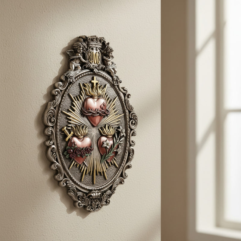 Decorative wall art with a heart design on a beige wall.