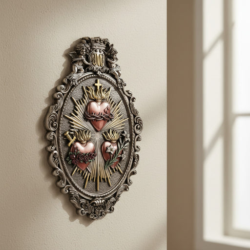 Decorative wall art with a heart design on a beige wall.
