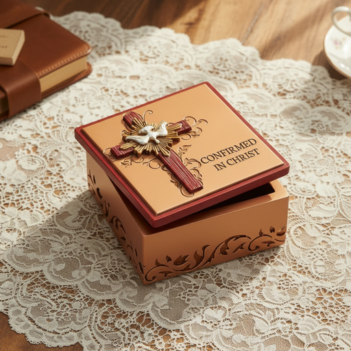 Decorative box with 'Confirmed in Christ' text on a lace tablecloth