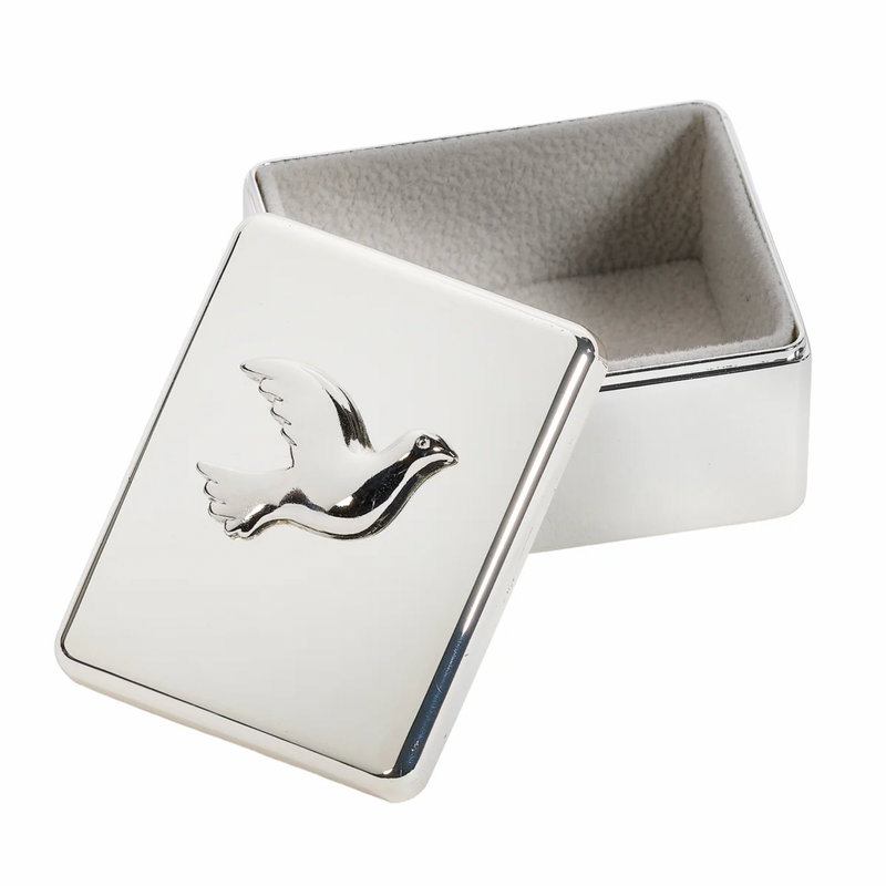 Silver trinket box with a Holy Spirit dove emblem on a white background