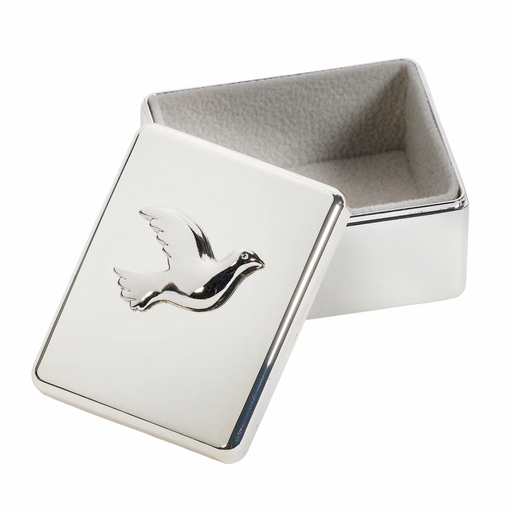Silver trinket box with a Holy Spirit dove emblem on a white background