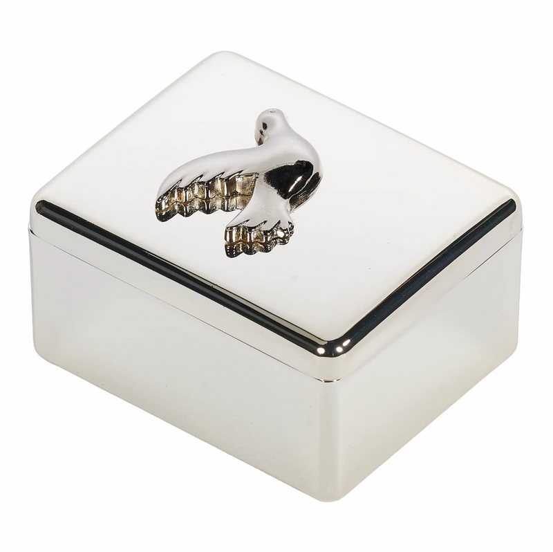 Silver Confirmation jewelry box with a Holy Spirit dove emblem.