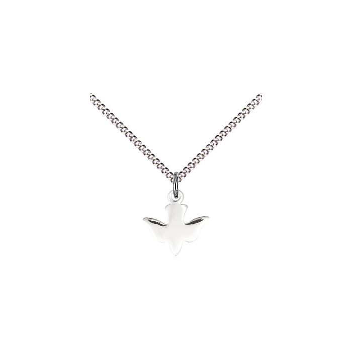 Silver Holy Spirit pendant on a chain against a white background