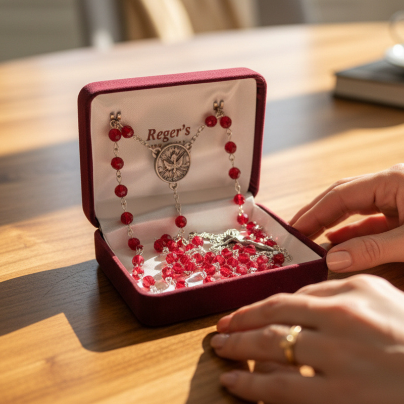 Red jewelry box with red beaded Confirmation rosary and pewter crucifix on a wooden table.