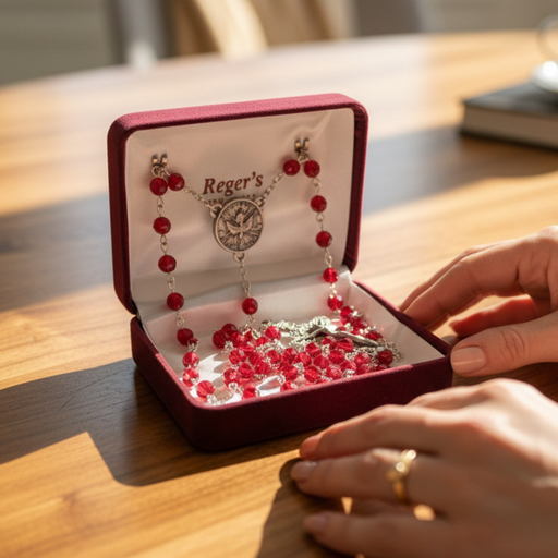 Red jewelry box with red beaded Confirmation rosary and pewter crucifix on a wooden table.