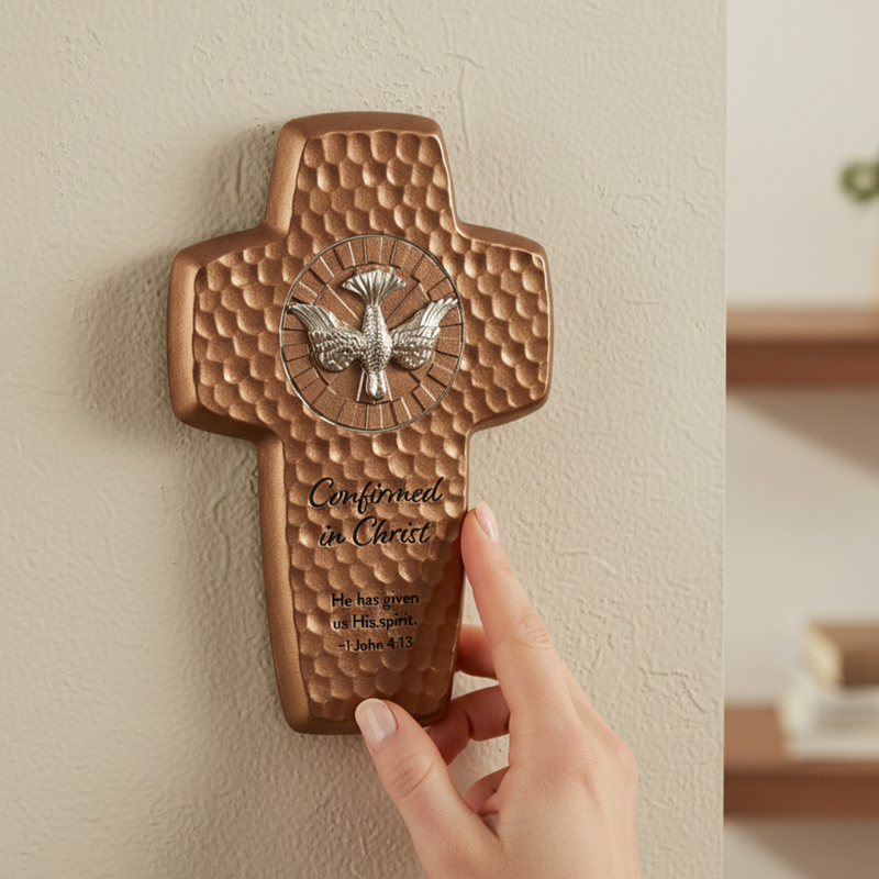 Gold tone Confirmation cross wall decor with Holy Spirit dove emblem and engraved text, held by a hand against a neutral wall.