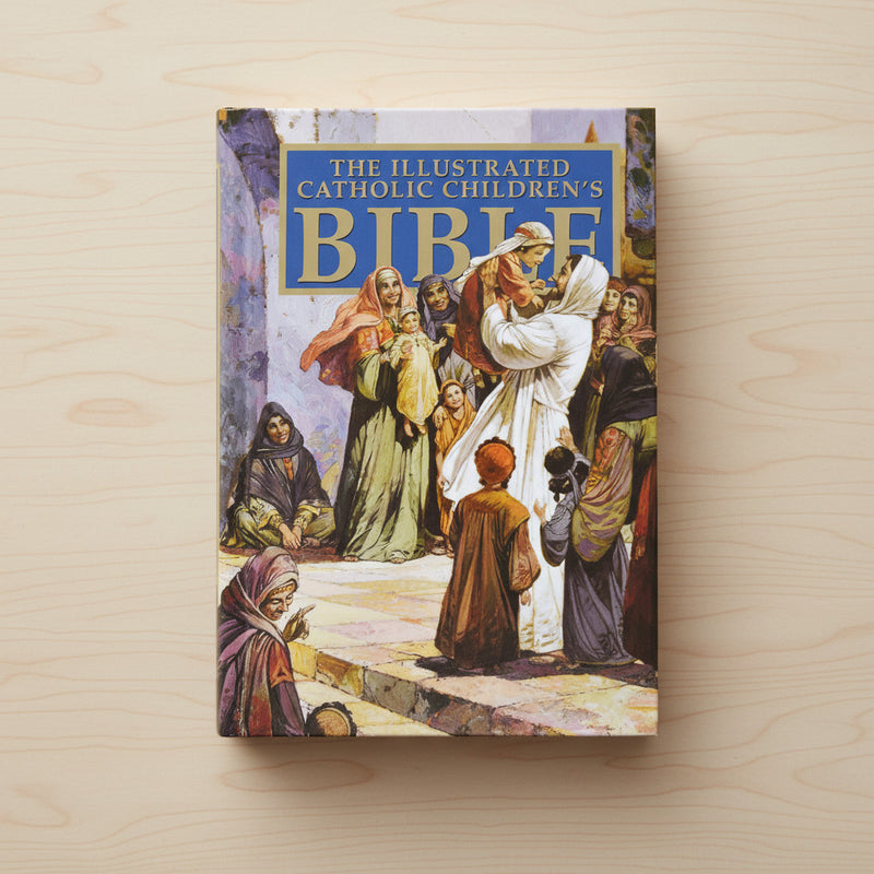 Book titled 'The Illustrated Catholic Children's Bible' on a wooden surface