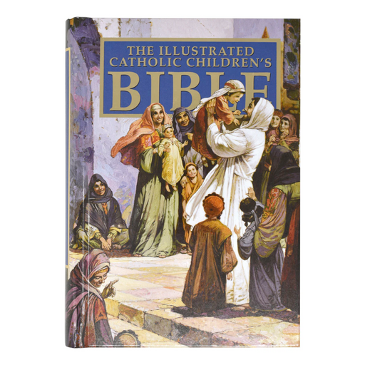 Book titled 'The Illustrated Catholic Children's Bible' on a white background
