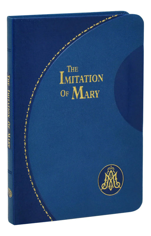 Blue book cover of 'The Imitation of Mary' with gold text and emblem.