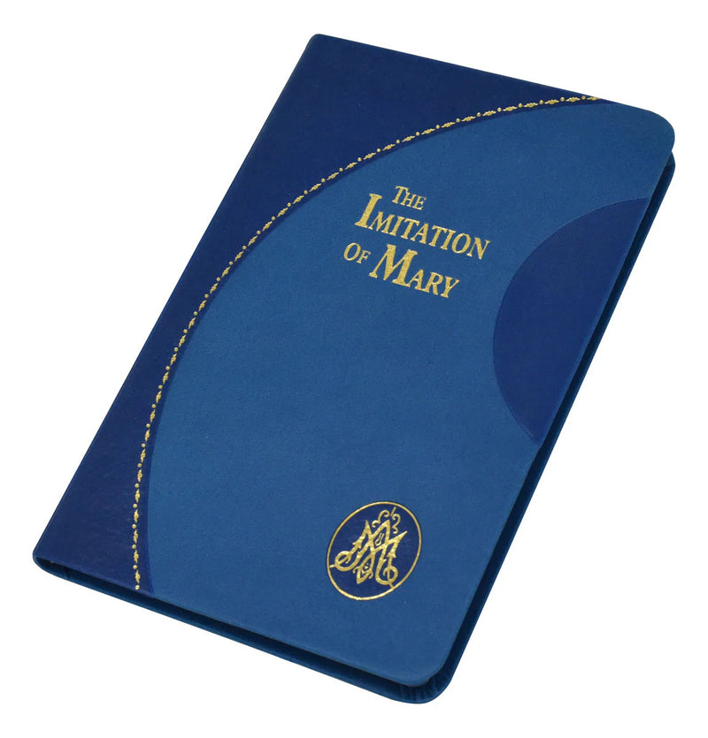 Blue book cover with 'The Imitation of Mary' text on a white background