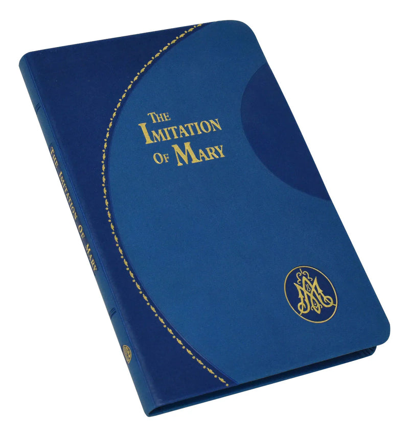 Blue book cover of 'The Imitation of Mary' with gold text and emblem on a white background