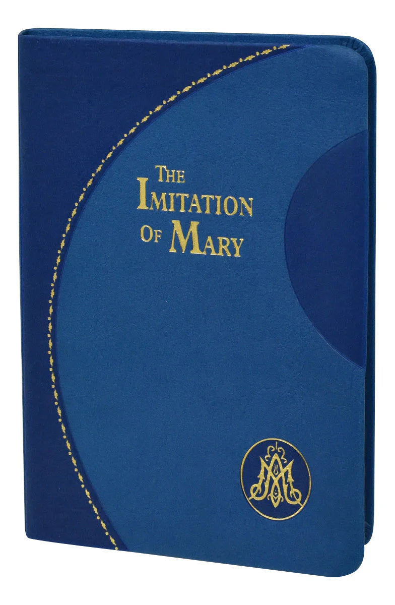 Blue book cover with 'The Imitation of Mary' text and gold stitching on a white background