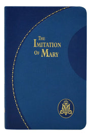 Blue book cover of 'The Imitation of Mary' with gold text and emblem.
